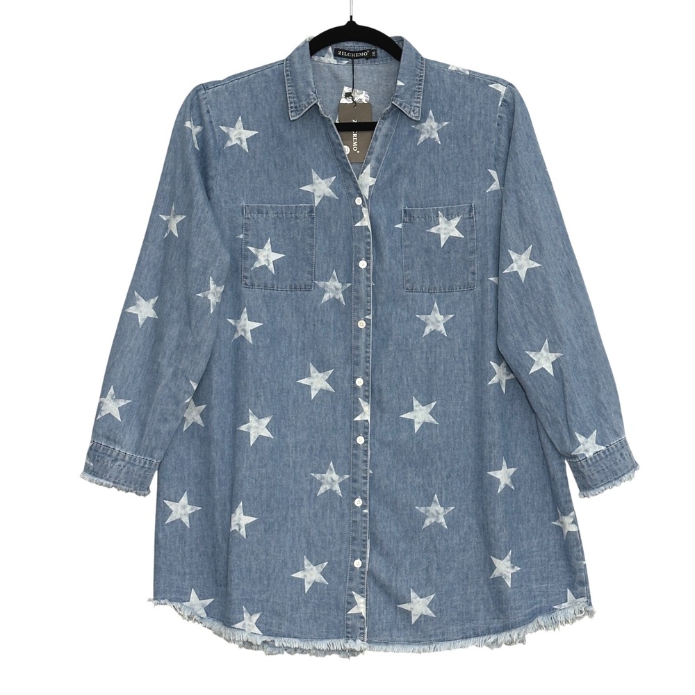 Zilcremo Womens Shirt Dress XXL Blue Denim All Over Stars Relaxed Celestial Mini